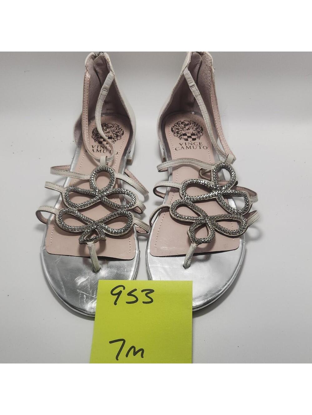 Vince Camuto Women's Silver Strappy Flat Sandals Leather Beaded Zipper 7 M - Picture 2 of 5
